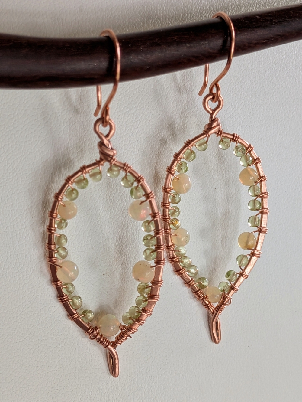 Bejeweled Copper Hoop Earrings- Peridot and Opal Gems-Lightweight Statement